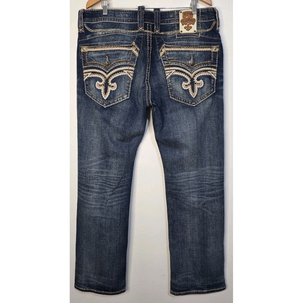 Rock Revival Feeney Straight Men 38x34 Distressed Embellished Denim Blue Jeans